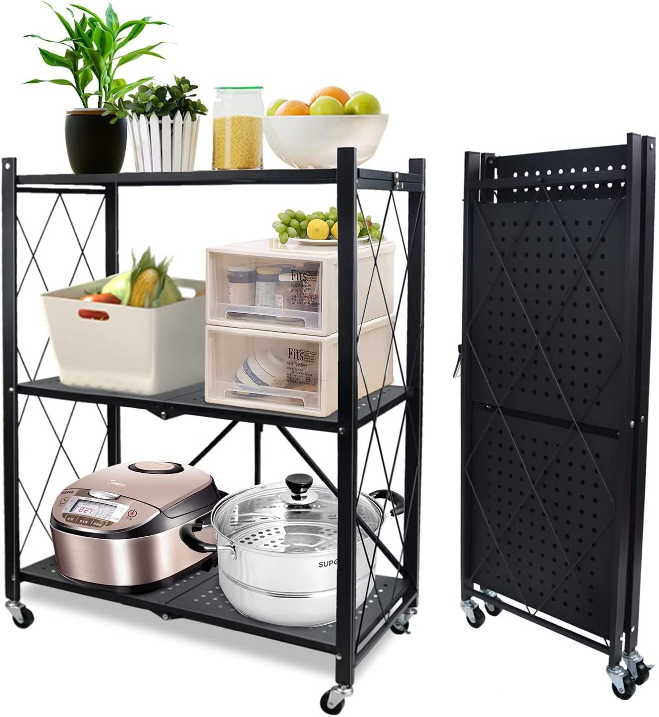 3/4/5 Tier Home Kitchen Metal Folding Storage Shelf Racks  Removable Heavy Duty Foldable Shelves With Wheels