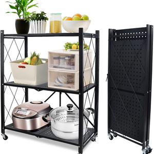 3/4/5 Tier Home Kitchen Metal Folding Storage Shelf Racks  Removable Heavy Duty Foldable Shelves With Wheels