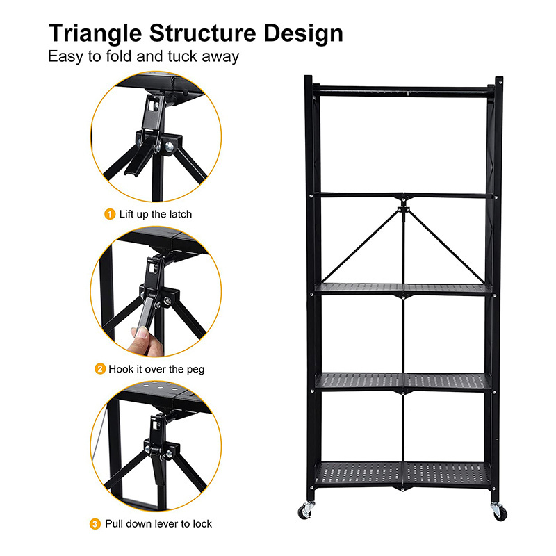 3/4/5 Tier Home Kitchen Metal Folding Storage Shelf Racks  Removable Heavy Duty Foldable Shelves With Wheels