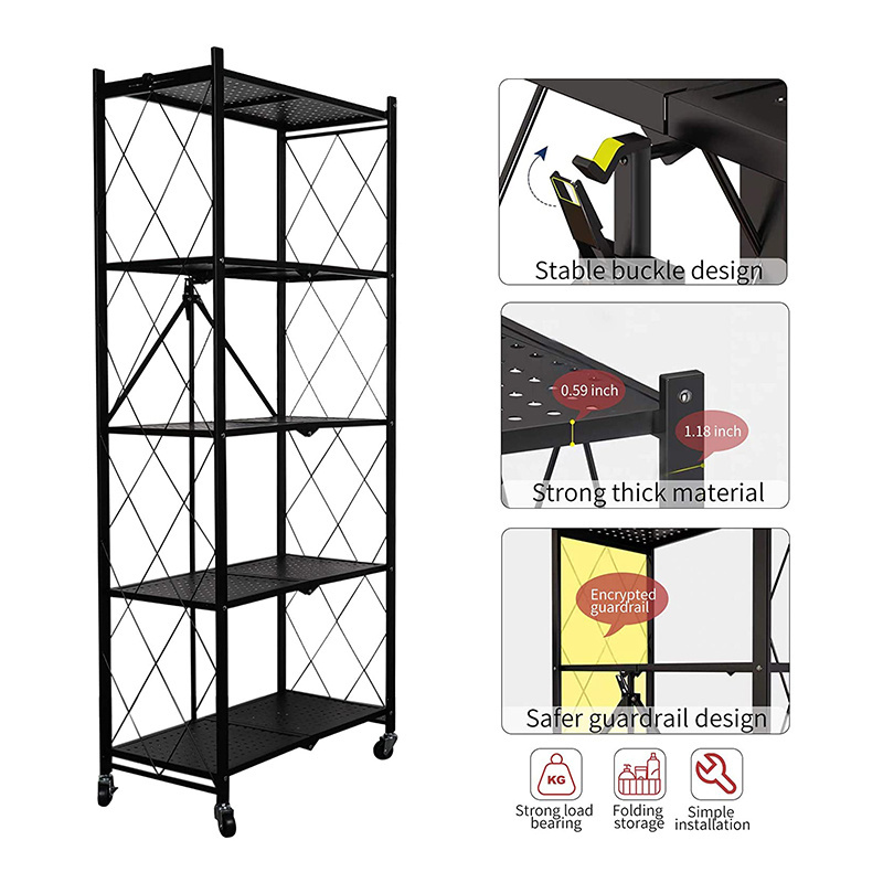 3/4/5 Tier Home Kitchen Metal Folding Storage Shelf Racks  Removable Heavy Duty Foldable Shelves With Wheels