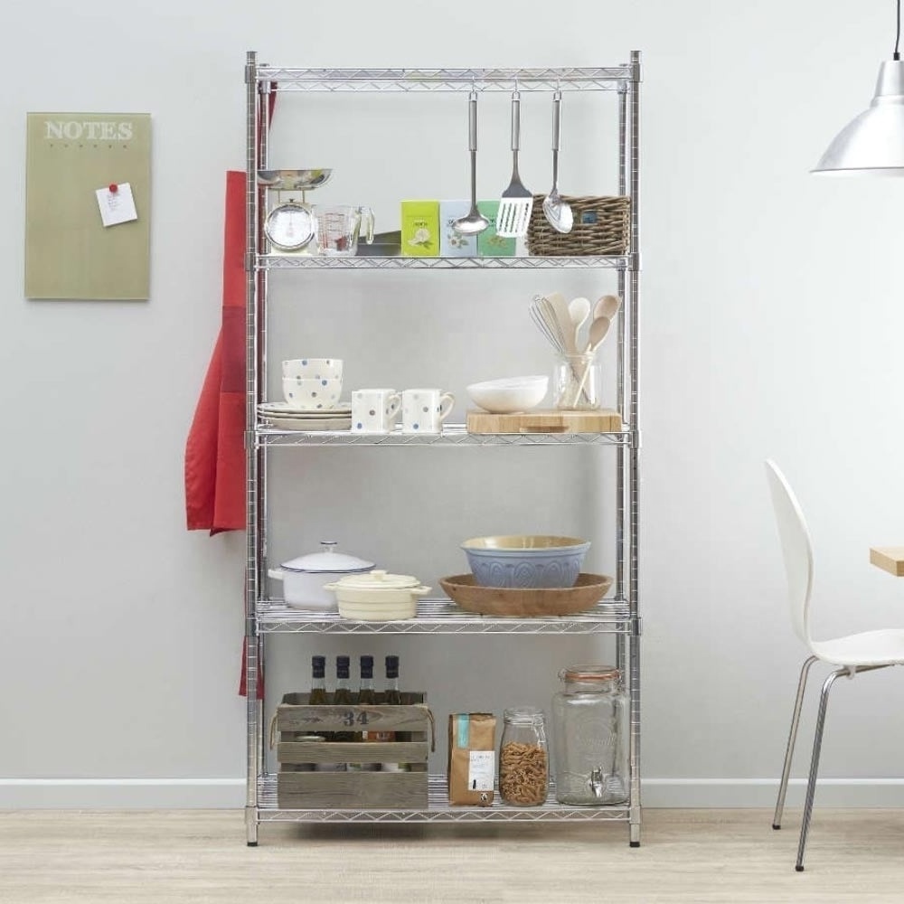 Wholesale 5 Tiers Heavy Duty Adjustable Chrome Wire Shelf Shelving House Storage Stacking Racks