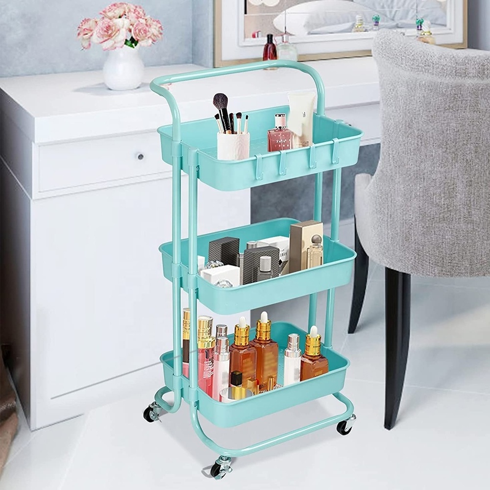 Household Stackable Three Shelf Utility Cart Mobile Utility Trolley Cart Wheel Home Storage Plastic Kitchen Rack