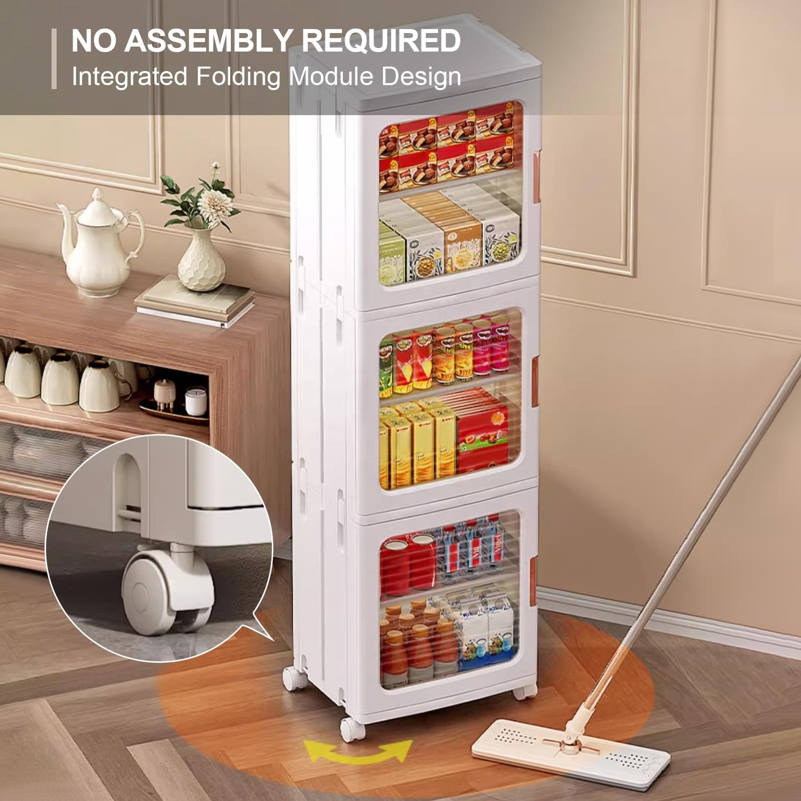 Modern White Mobile Folding Clear Storage Folding Plastic Container Narrow Shoe Cabinet Closet Organizer With 4 Rubber Wheels