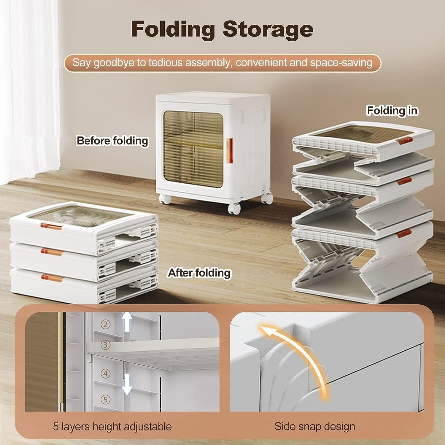 Plastic Folding Lightweight 4 Rubber Wheels White Collapsible Stackable Clear Narrow Bedroom Cabinet Closet Shelf Organizer