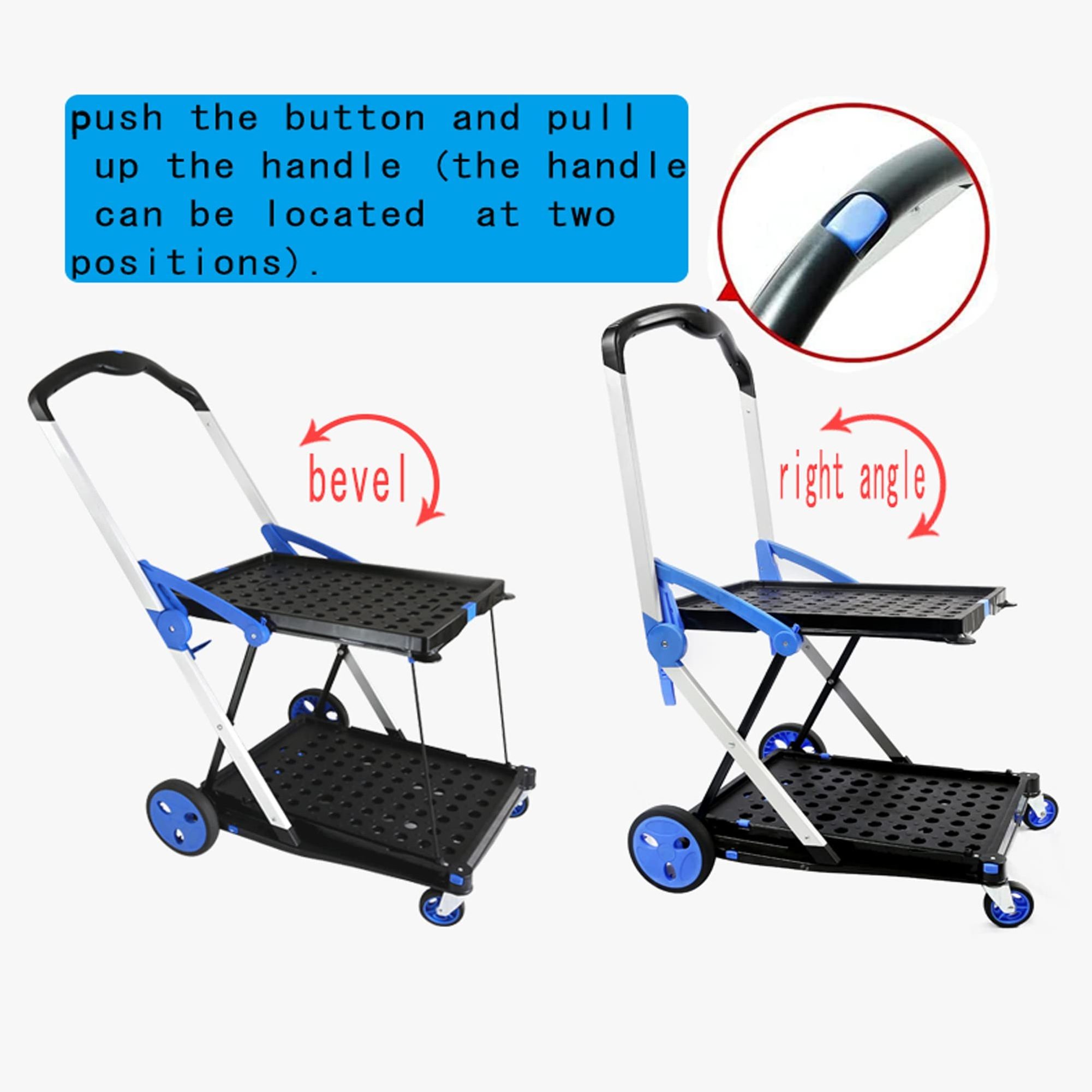 2-Layer Utility Carts Folding Cart Lightduty Grocery Trolley Aluminum Shopping Cart with Storage Crate