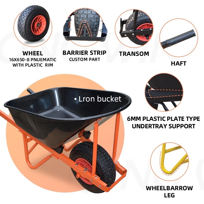 120 Kg Dumper Wheelbarrow Parts Plastic Tray Load Capacity 100L Wheel Barrow Frame Pneumatic Wheel DualWheelbarrow