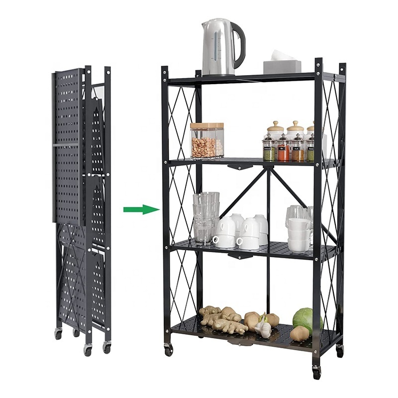 Large Capacity Utility Foldable Storage Rack 4 Tier Metal Storage Shelves Folding Shelving Unit with Rolling Brake Wheels