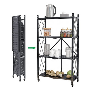 Large Capacity Utility Foldable Storage Rack 4 Tier Metal Storage Shelves Folding Shelving Unit with Rolling Brake Wheels