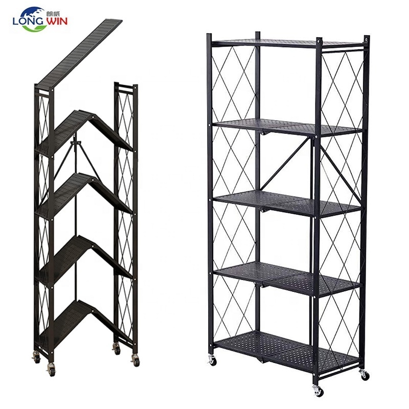 5 Tier Household Metal Foldable Kitchen Rack Boltless Microwave Oven Shelf Organizer Kitchen Trolleys Folding Rack