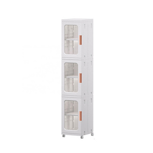 Collapsible White Storage Organizer Closet Stackable Plastic Folding Clear Narrow Bathroom Storage Cabinet With 4 Rubber Wheels