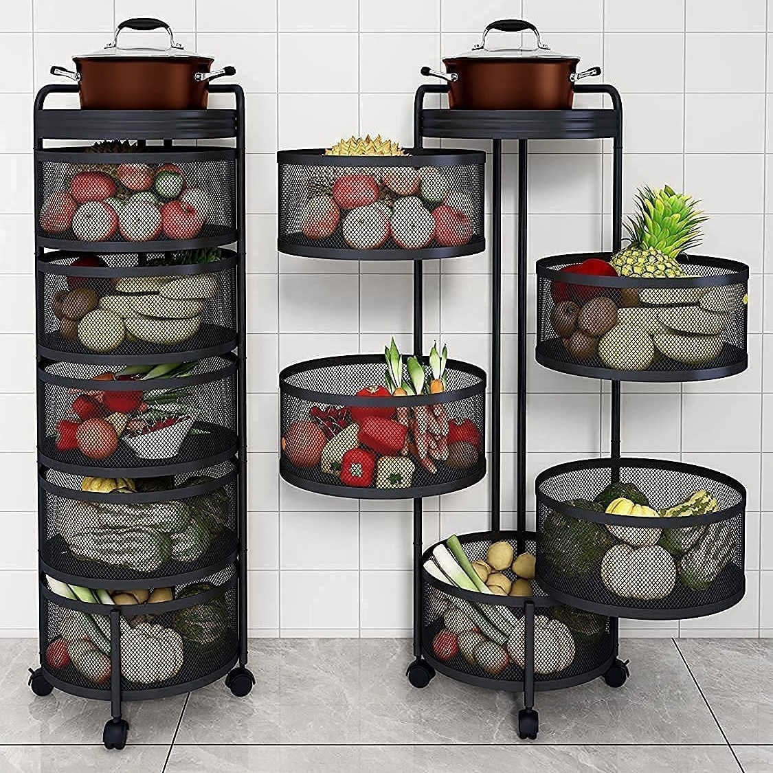 Black 5-Tier Fruit Basket Kitchen Storage Metal Pantry Baskets Utility Rack with Wheels