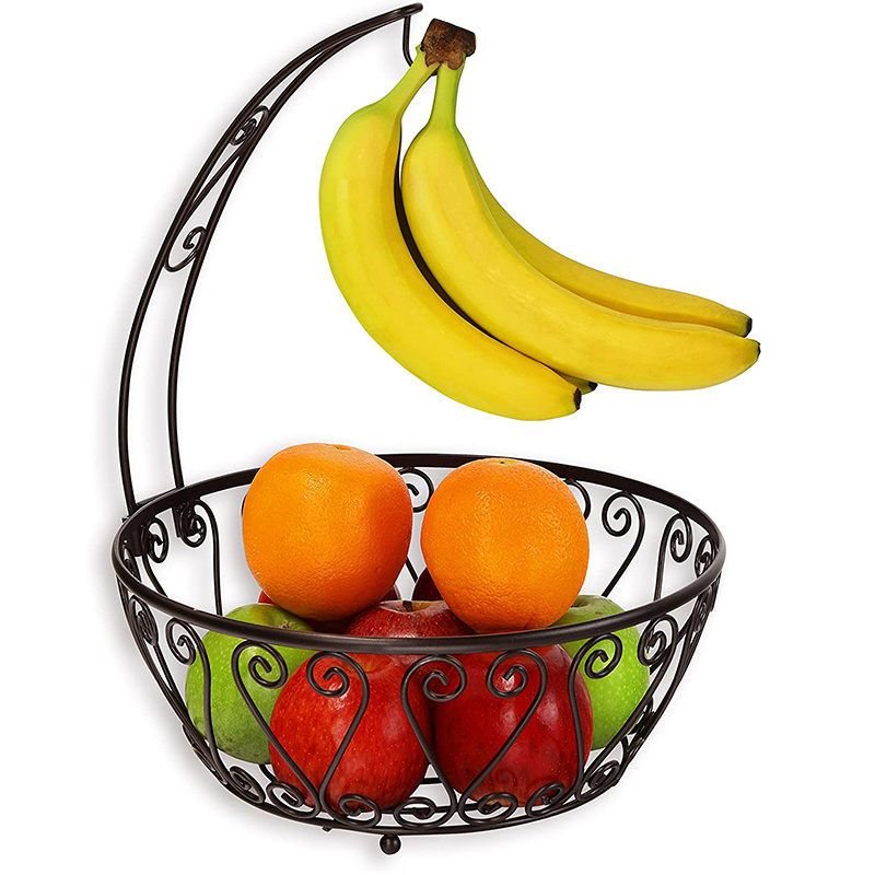 Kitchen Fruits Basket Bowl Stand Metal Basket Storage Holder Fruit Basket Bowl with Banana Tree Hanger