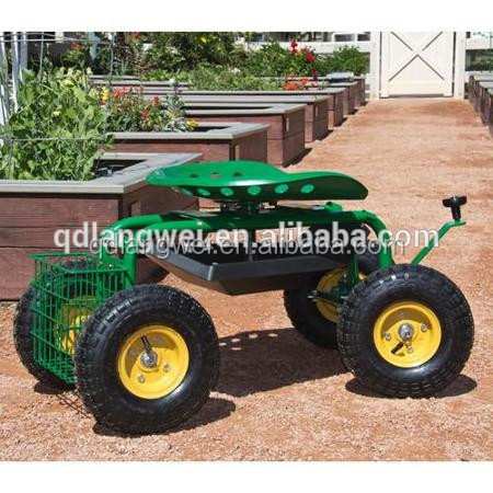 Heavy Duty Green Garden Cart Rolling Work Seat With Tool Tray And Basket