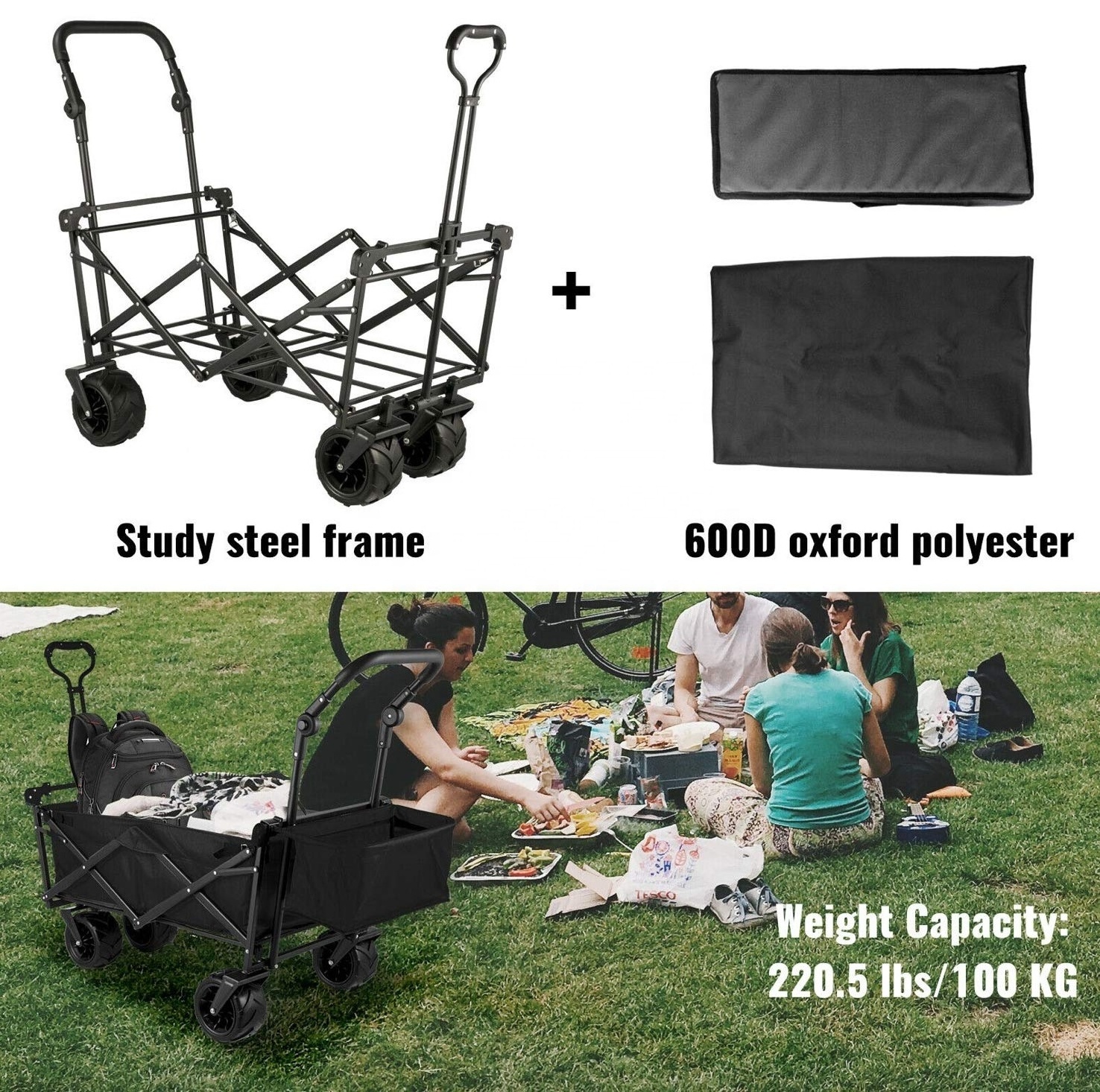 Lightweight Metal Frame Portable Camping Foldable Trolley Storage Cart Collapsible Folding Outdoor Utility Wagon Cart For Kids