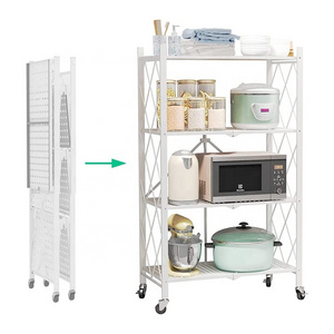 Multifunctional Folding Rack Kitchen Household Items Kitchen Metal Storage Rack Foldable Stainless Steel Tray Rack Trolley