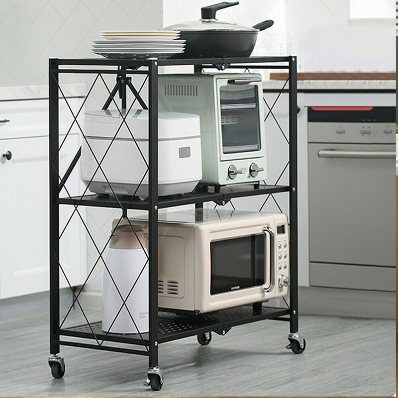 3-Tier Heavy Duty Garage Kitchen Foldable Metal Rack Storage Shelving Unit Organizer Shelves with Wheels