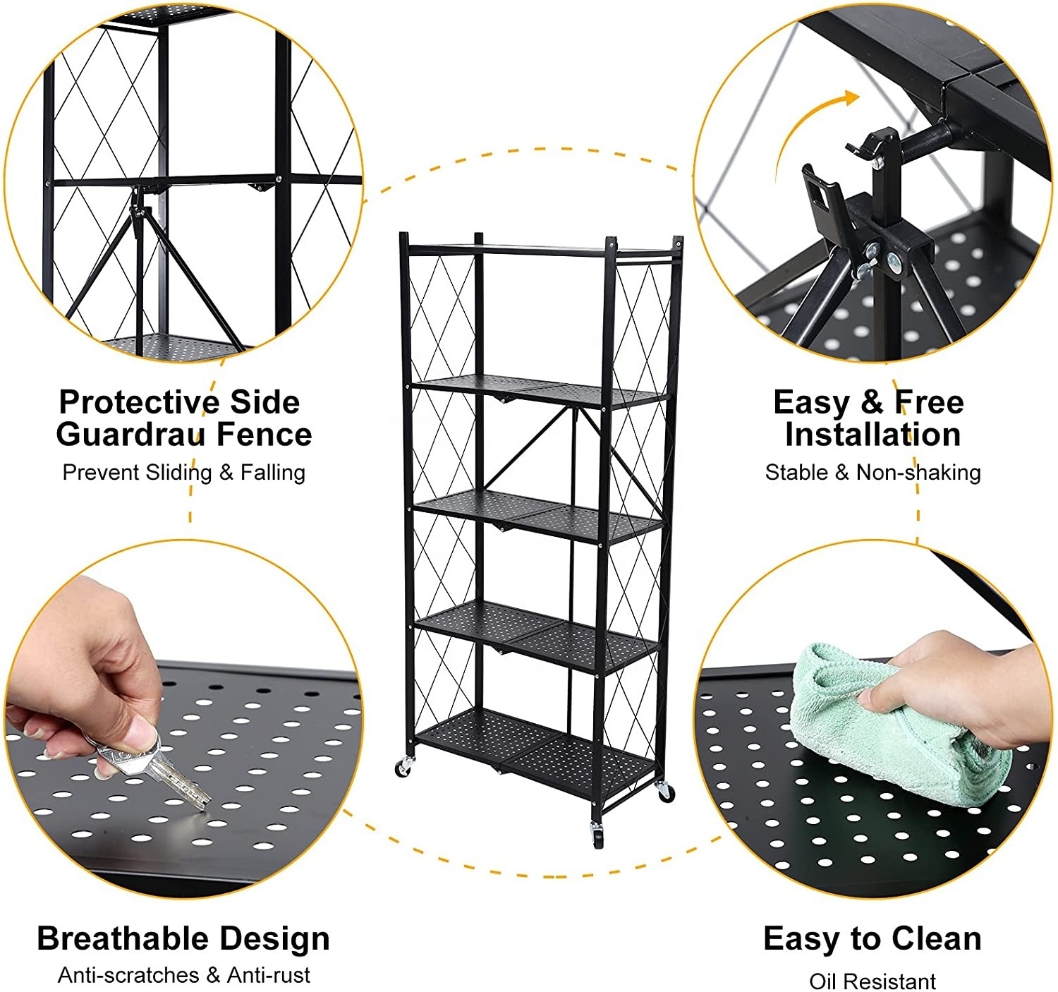 Large Capacity Utility Foldable Storage Rack 4 Tier Metal Storage Shelves Folding Shelving Unit with Rolling Brake Wheels