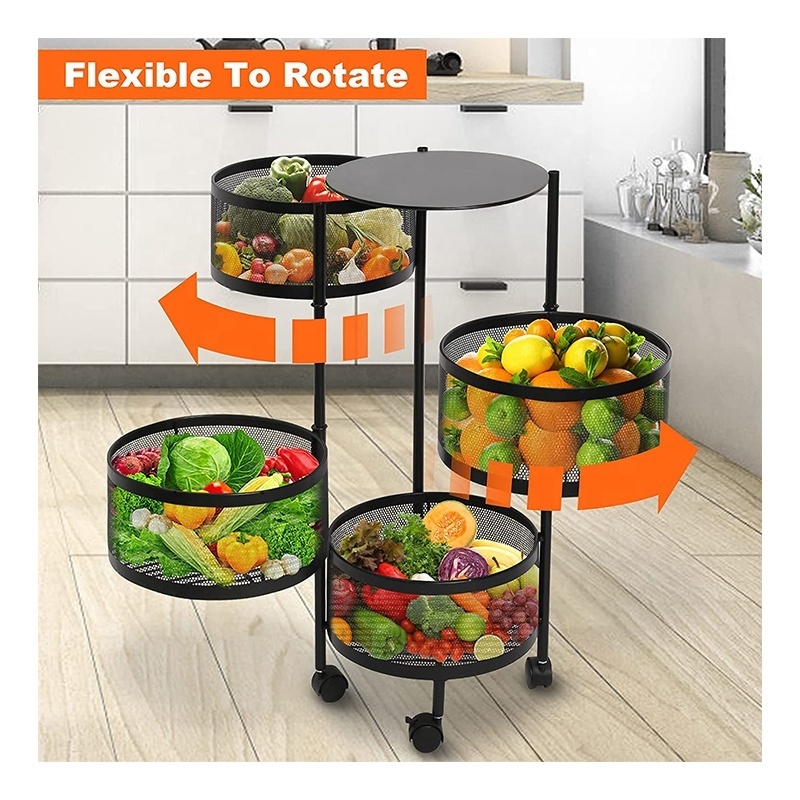 Home Furniture Metal Wire Stackable Round 360 Degree Rotating Racks Vegetable Fruit Mesh Storage Basket For Kitchen With Wheels