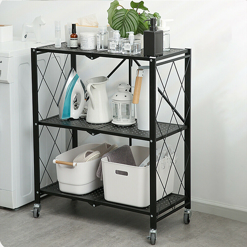 3-Tier Heavy Duty Garage Kitchen Foldable Metal Rack Storage Shelving Unit Organizer Shelves with Wheels