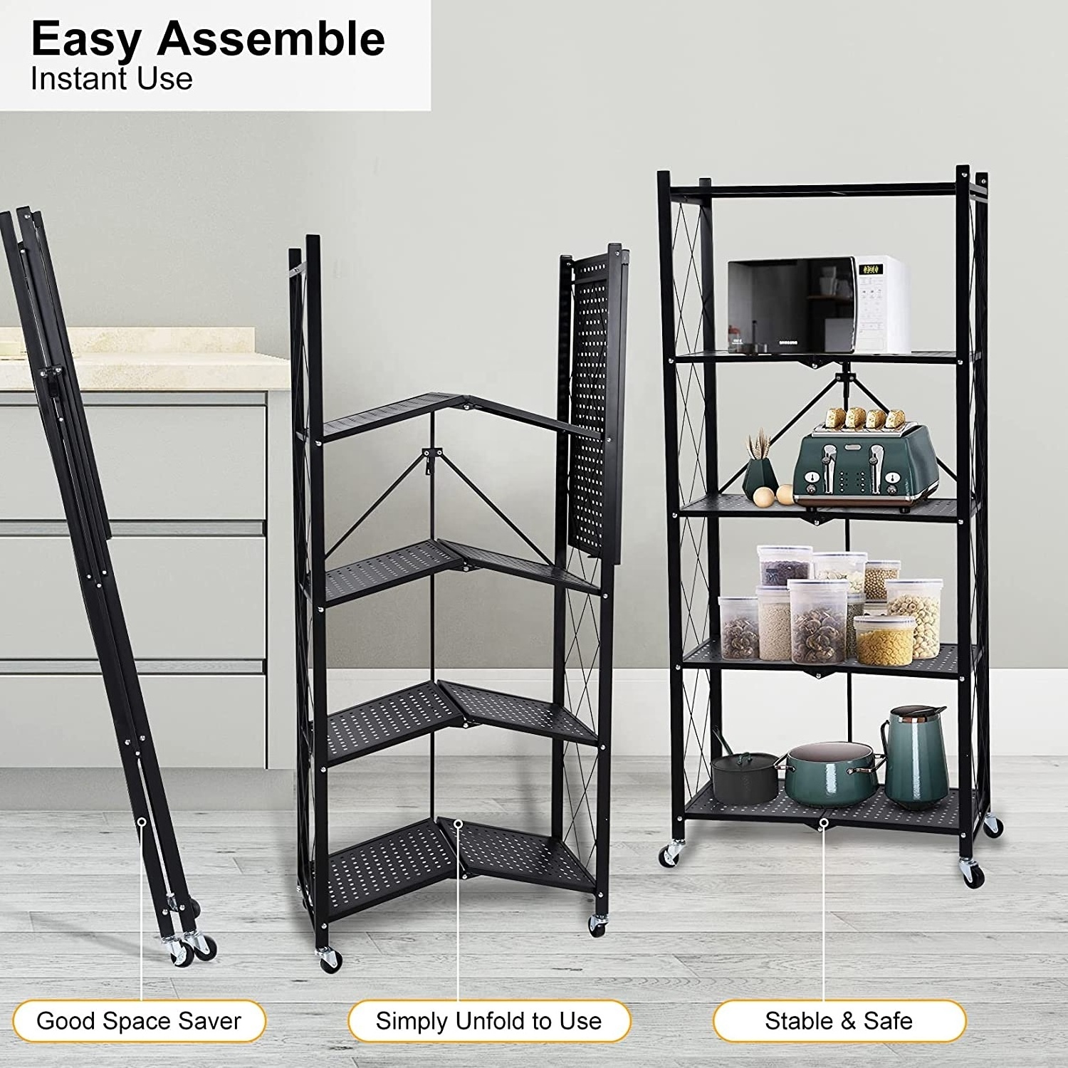 Large Capacity Utility Foldable Storage Rack 4 Tier Metal Storage Shelves Folding Shelving Unit with Rolling Brake Wheels