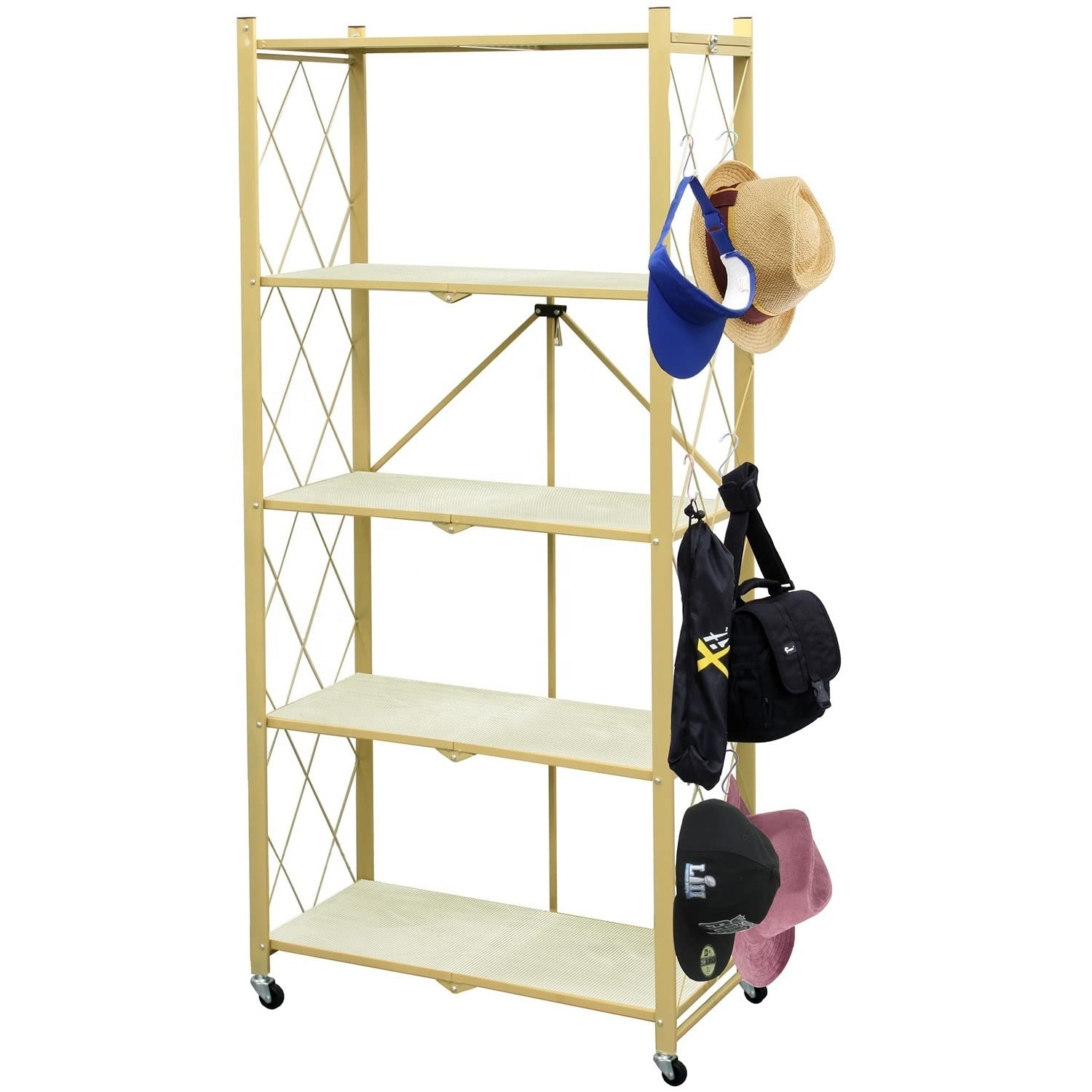 High Quality Collapsible No Assembly Folding Shelf Floor Standing Home Storage Foldable Display Rack Metal Shelves For Bathroom