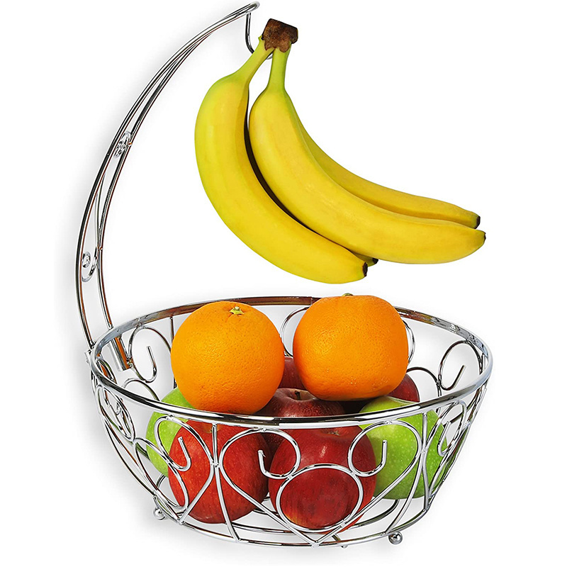 Kitchen Fruits Basket Bowl Stand Metal Basket Storage Holder Fruit Basket Bowl with Banana Tree Hanger