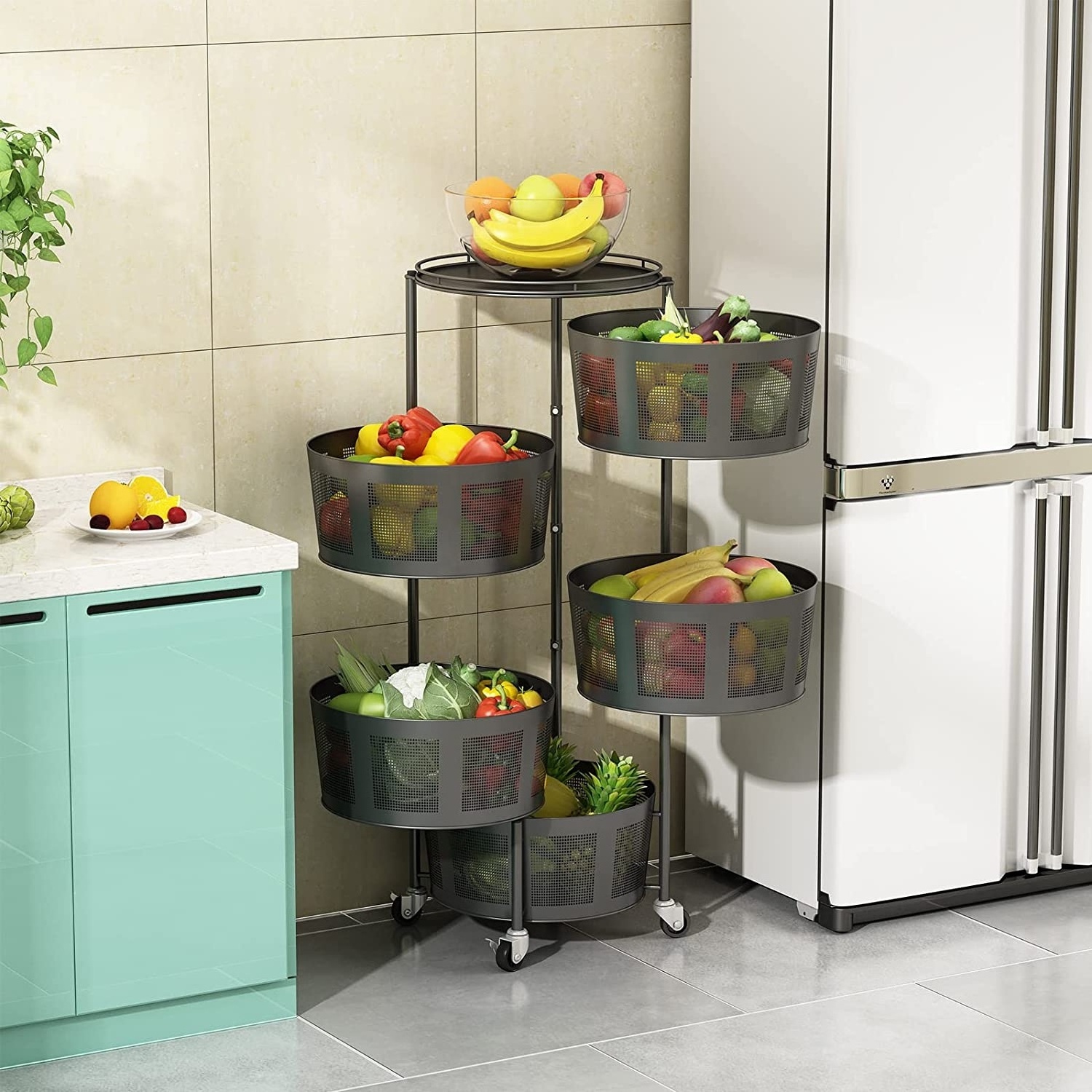 Black 5-Tier Fruit Basket Kitchen Storage Metal Pantry Baskets Utility Rack with Wheels