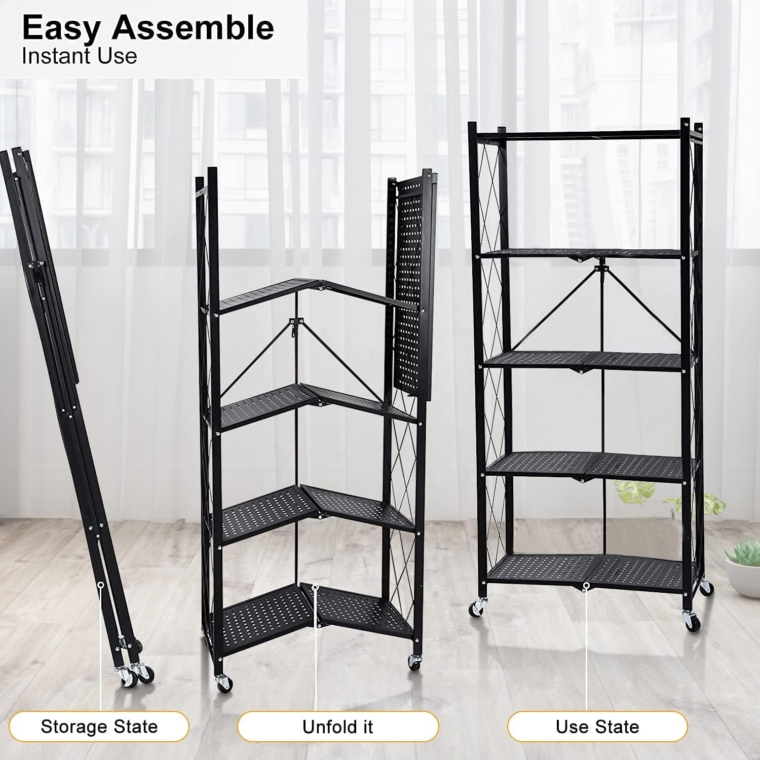 Foldable Shelving Home Heavy Duty Metal Frame Shelving Unit Kitchen Home Storage Garage Folding Shelf Organizer Rack