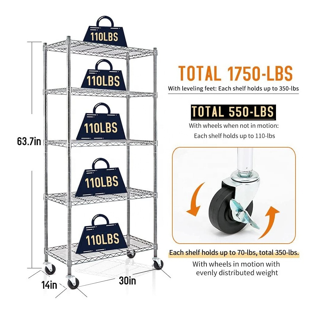 Wholesale 5-Shelf Shelving Storage Display Rack Unit Chrome Silver Metal Organizer Wire Rack With Wheels