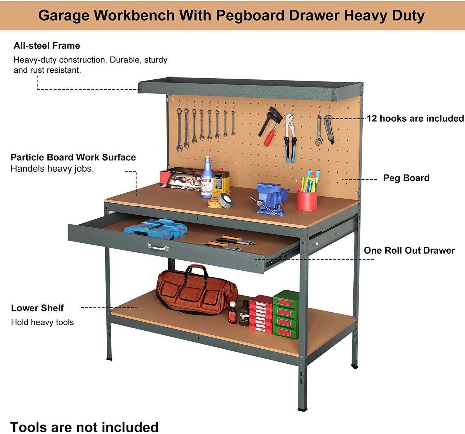 Multipurpose Workshop Tool Organizers Heavy Duty Steel Workbench Garage Work Table With Drawers for Storage