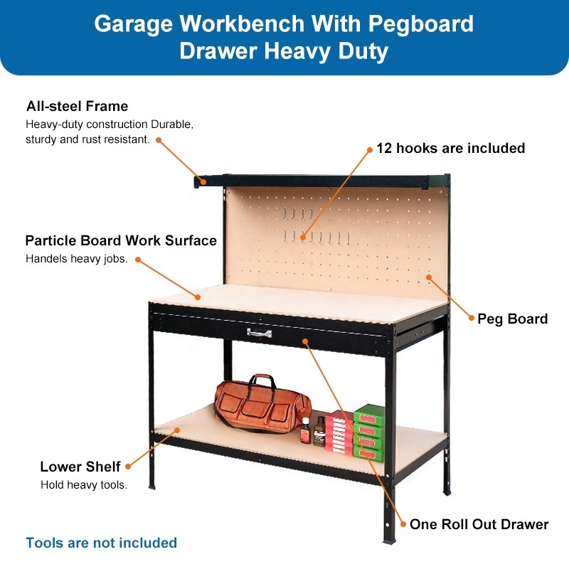 Workshop Boltless Assembly Storage Tool Gabinet Industrial Heavy Duty Metal Frame Drawers Pegboard Garage Workbench