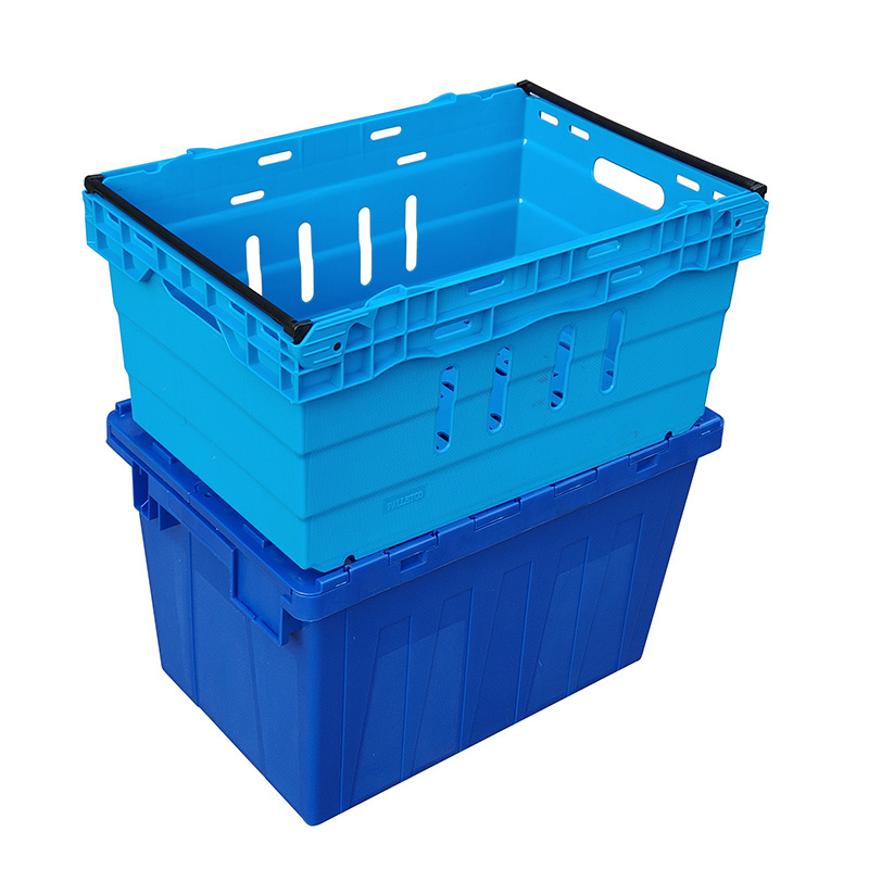 Supermarket 470*310*260 Handle Plastic Mesh Vented Perforated Nest Stacking Bale Arm Tray Basket Crate With Sawing Bars