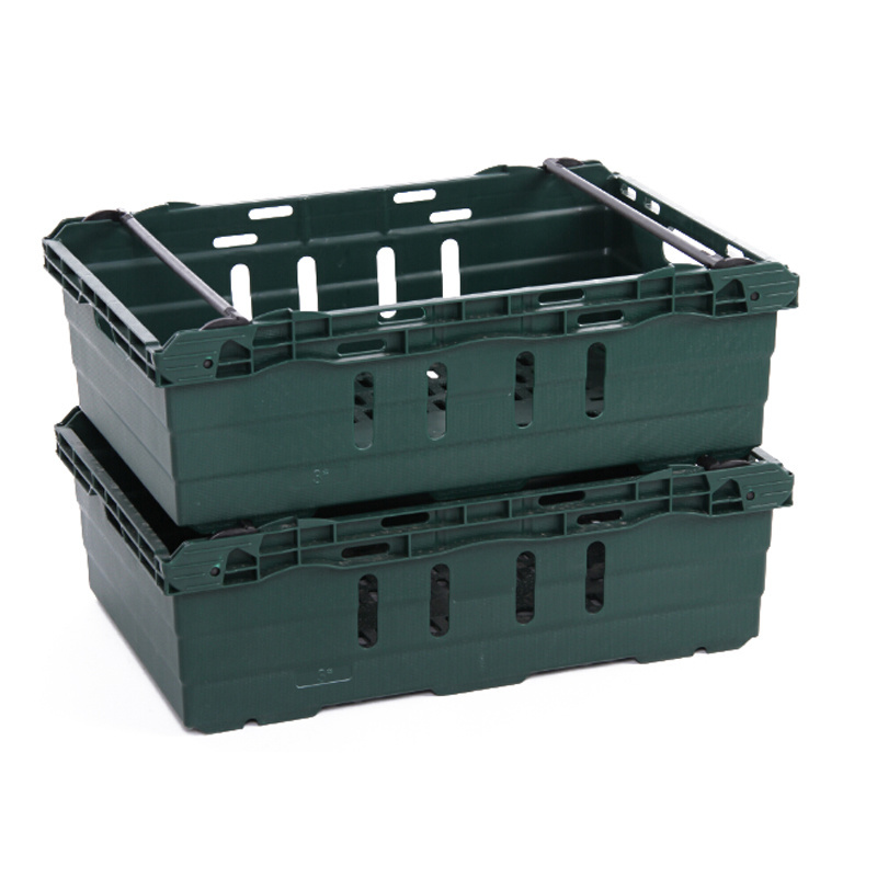 heavy duty durable logistic distribution pp vented apple nestable stackable moving plastic vegetable fruits crate with bale arm