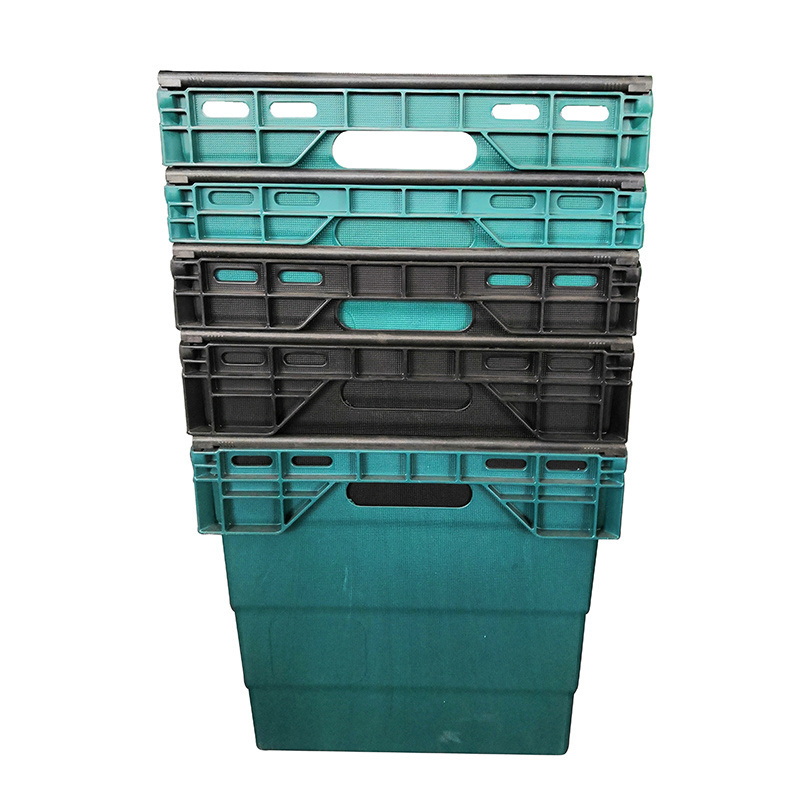 Supermarket 470*310*260 Handle Plastic Mesh Vented Perforated Nest Stacking Bale Arm Tray Basket Crate With Sawing Bars