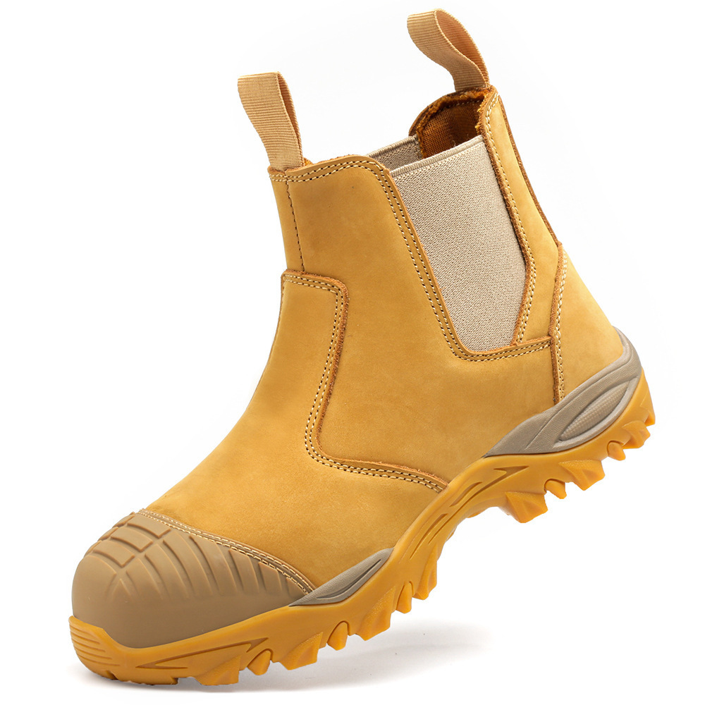 water resistance grade A nubuck leather and elastic fabric composite toe wheat no lace safety shoes  boot