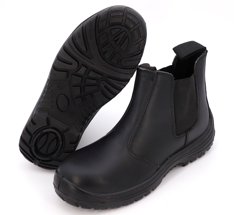 Quality  black genuine leather working steel toe mid cut ankle boots safety shoes without shoelace men work boots no lace