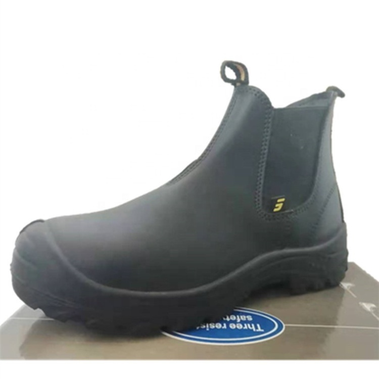 Quality  black genuine leather working steel toe mid cut ankle boots safety shoes without shoelace men work boots no lace