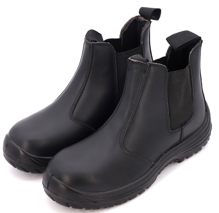 Quality  black genuine leather working steel toe mid cut ankle boots safety shoes without shoelace men work boots no lace