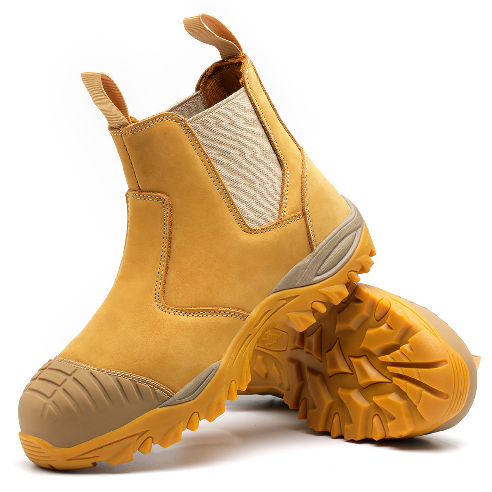 water resistance grade A nubuck leather and elastic fabric composite toe wheat no lace safety shoes  boot