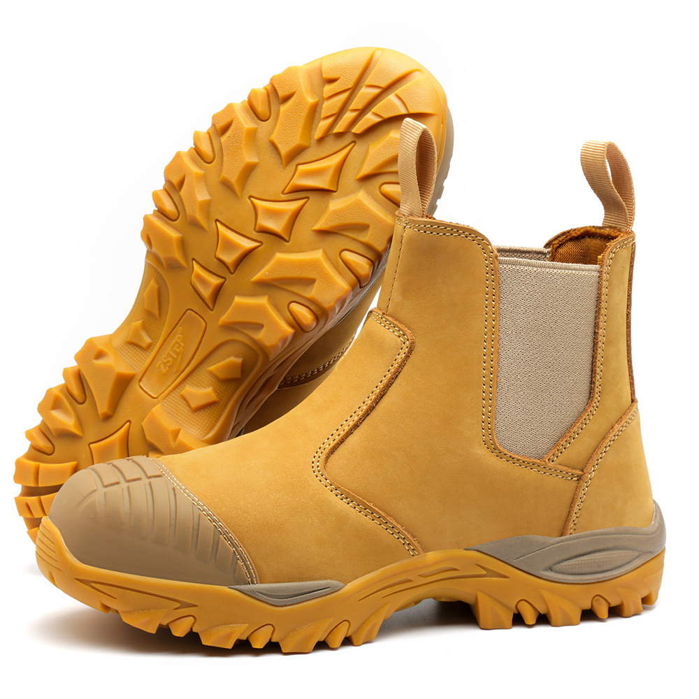 water resistance grade A nubuck leather and elastic fabric composite toe wheat no lace safety shoes  boot