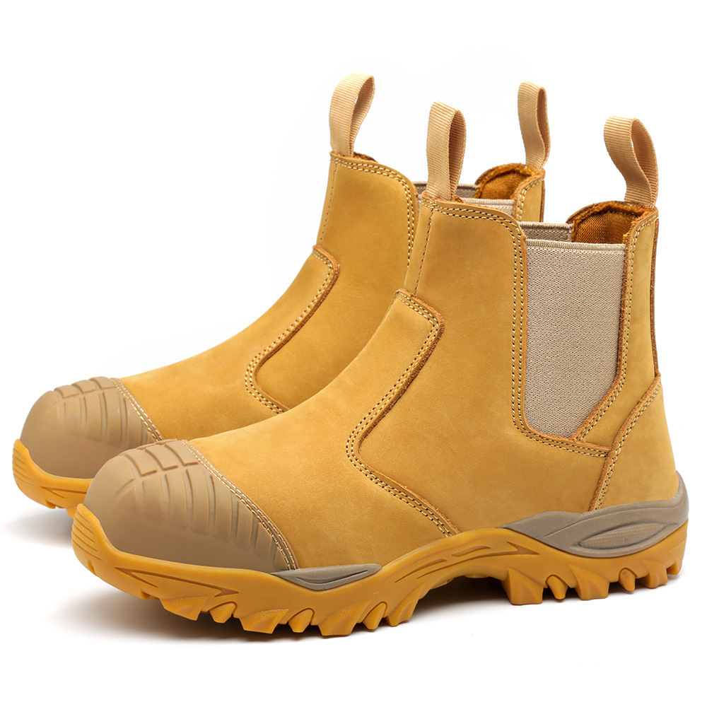 water resistance grade A nubuck leather and elastic fabric composite toe wheat no lace safety shoes  boot