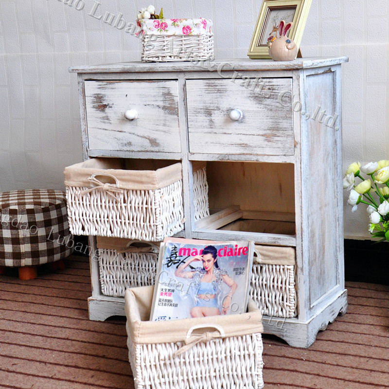 High Quality Wooden Cabinet With Rattan Wicker Rush Straw Baskets Drawers