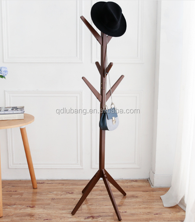 Wood Coat Rack Hall Tree,Teak-Colors Entryway Standing Hat Jacket Coat Hanger Rack,for Bedroom & Living Room