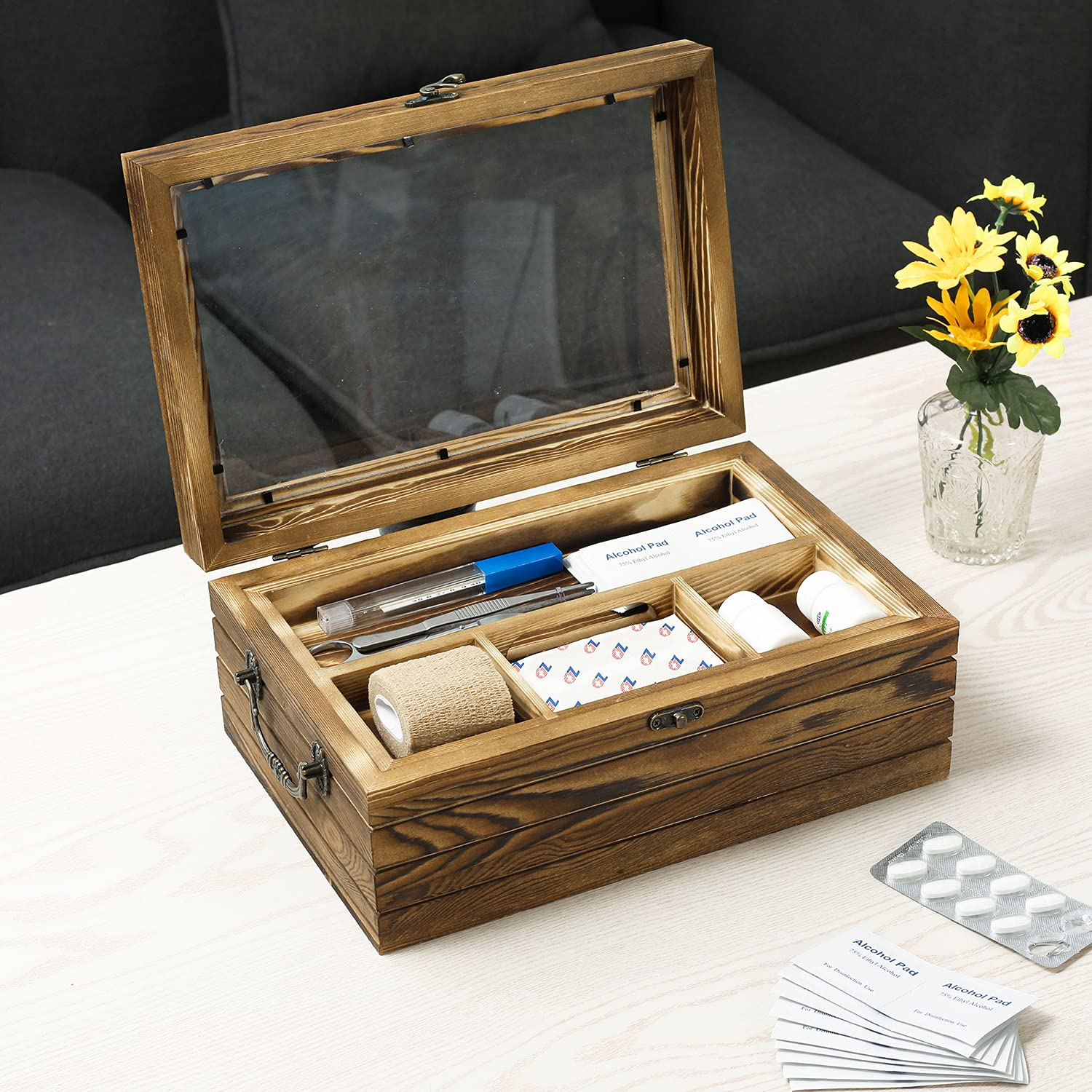 Custom Rustic Burnt Wood Sewing Kit Box Basket, Arts Crafts Storage Chest Case with Acrylic Lid and Metal Latch