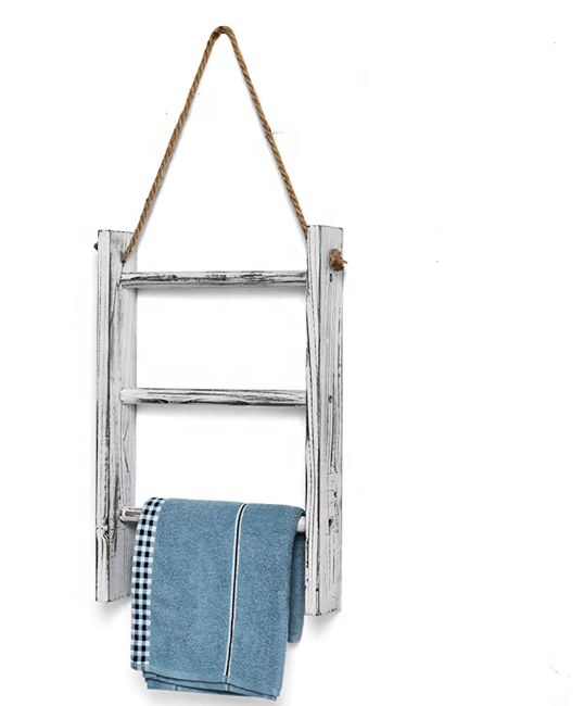 4-Tier Rope Ladder Decorative Hanging Wall Towel Blanket Quilt Shelf Rustic Farmhouse Decor Wood Handmade Rack Towel Holder