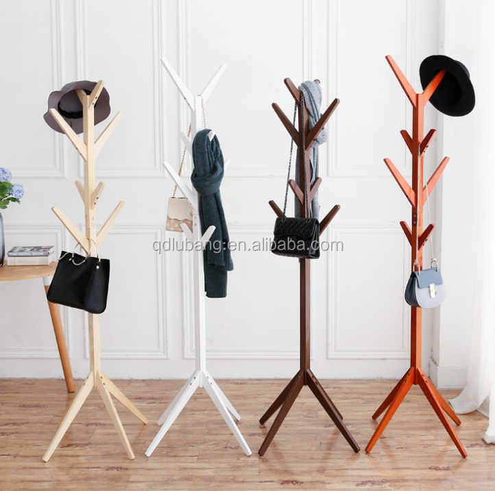 Wood Coat Rack Hall Tree,Teak-Colors Entryway Standing Hat Jacket Coat Hanger Rack,for Bedroom & Living Room