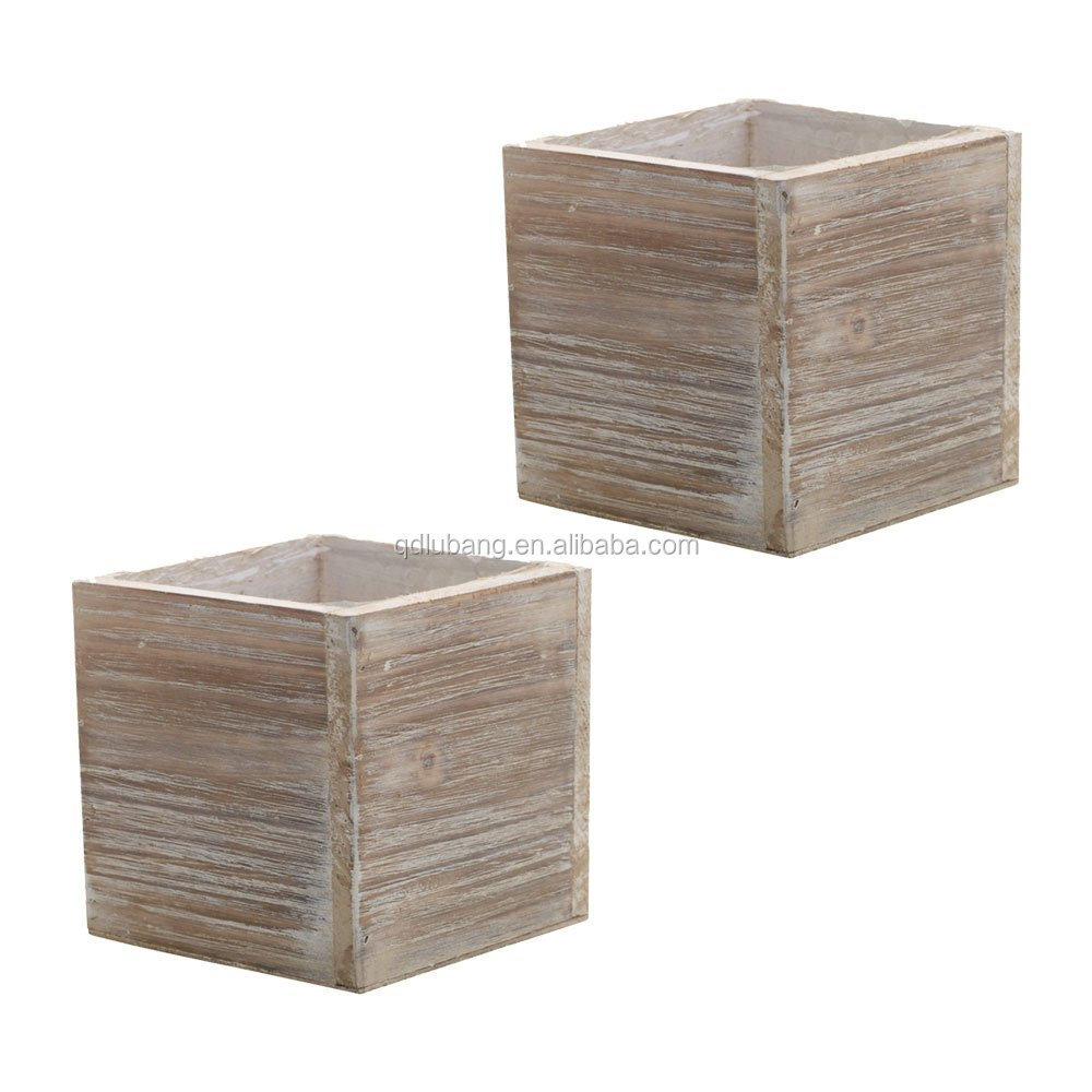 Wooden Planter Box 5 Inch Square Rustic Barn Wood Plastic Liner Garden Centerpiece Display Wedding Flowers Holder