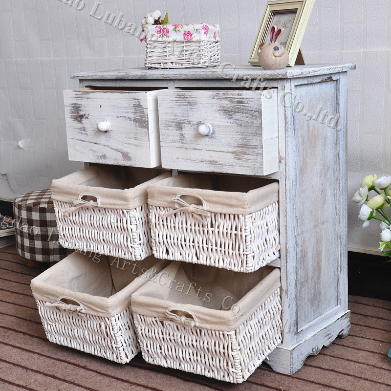 High Quality Wooden Cabinet With Rattan Wicker Rush Straw Baskets Drawers