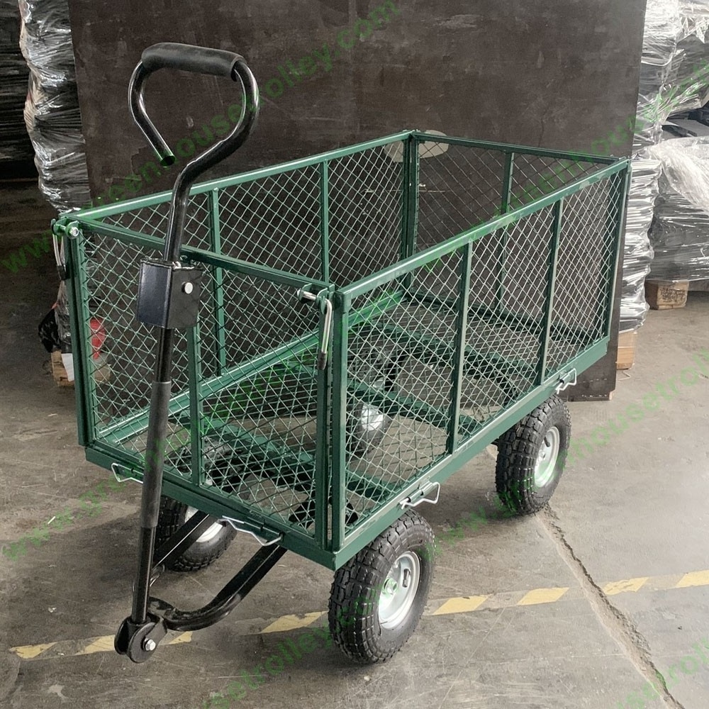 Garden Cart Wagon Heavy Duty Mesh Steel Utility Wagon Cart with Tire Pump Yard Cart with Removable Sides