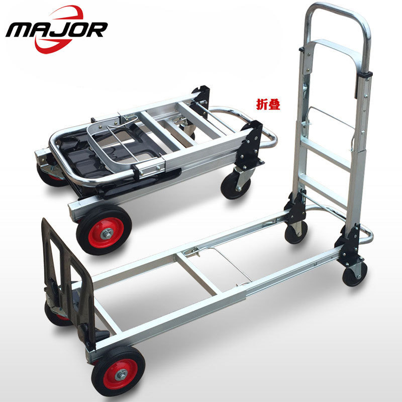 Multifunctional aluminum flatbed truck luggage hand cart 4 rubber wheels heavy duty transportation tool folding trolley